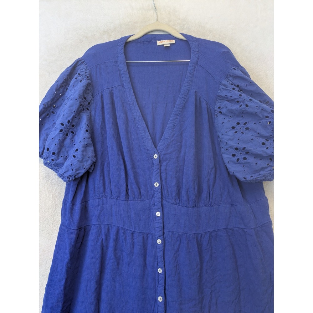 Knox Rose Midi Dress Women's 3X Blue Eyelet Puff Sleeve Button Front Boho - Picture 4 of 11